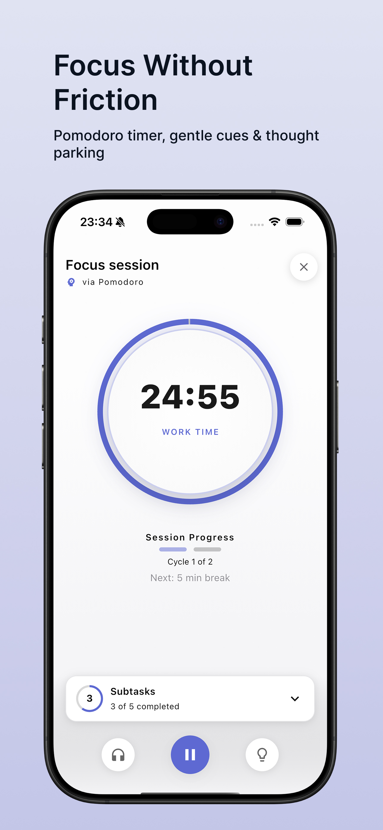 Focus Without Friction - Pomodoro timer, gentle cues & thought parking